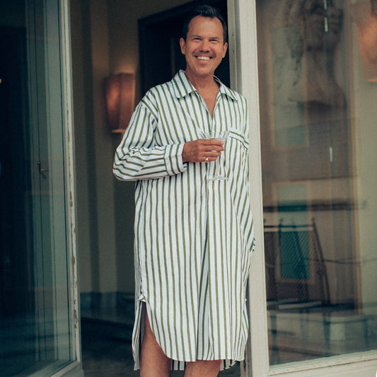 Matt Hranek wears WM Brown x Budd stripe nightshirt in white and olive green