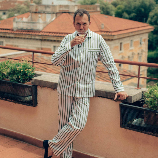 Matt Hranek wearing WM Brown x Budd Cocktail stripe cotton poplin pyjamas in olive and white