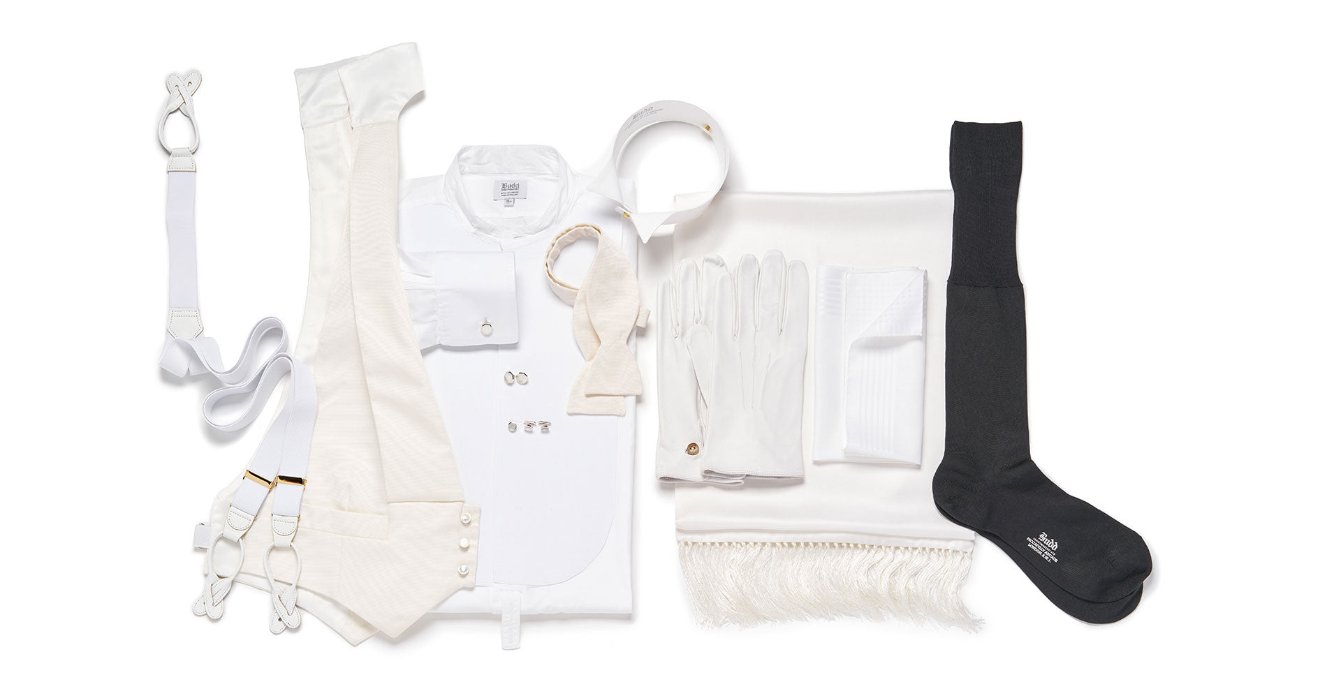 White Tie Attire Bundle with white dress shirt, white bow tie, waistcoat, braces, cufflinks, socks, detachable wing collar and dress scarf