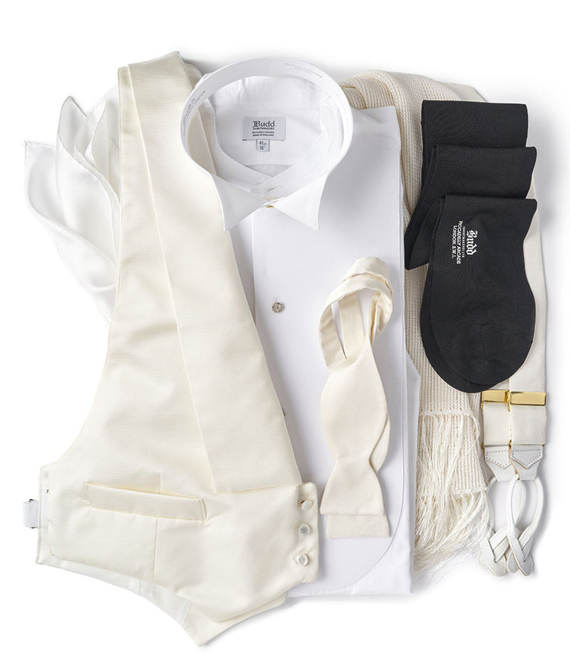 White Tie Attire Bundle with white dress shirt, detachable wing collar, white braces, white bow tie and dress scarf plus mixed accessories