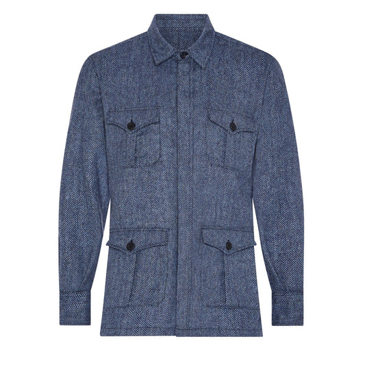 Herringbone Wool Tweed Button Cuff Safari Shirt in Blue