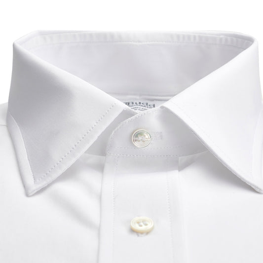 Collar detail on White Sea Island cotton shirt