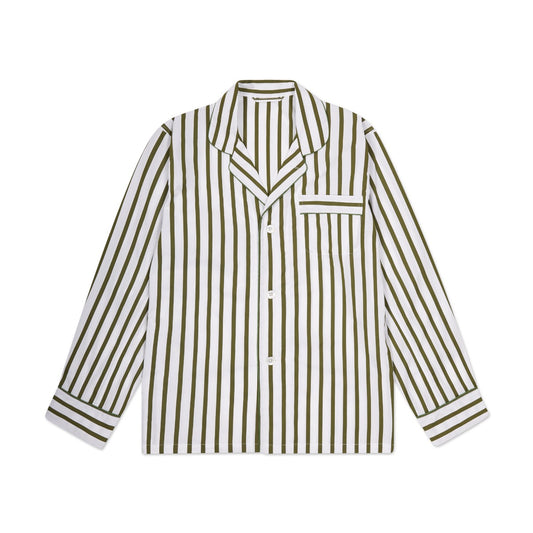 WM Brown x Budd Cocktail stripe cotton poplin pyjamas in olive and white
