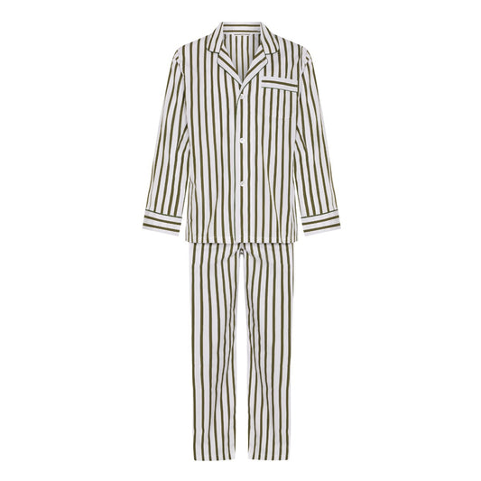 WM Brown x Budd Cocktail stripe cotton poplin pyjamas in olive and white